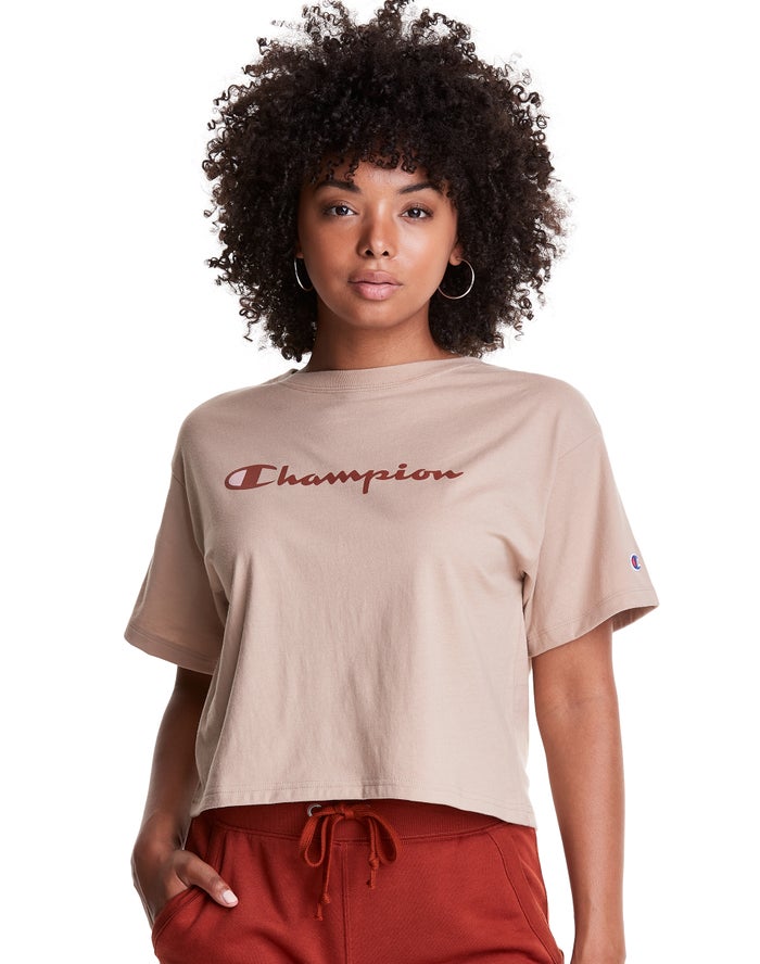 Champion Cropped Script Logo - Naisten Khaki T-Paita - Suomi 1502948-NP